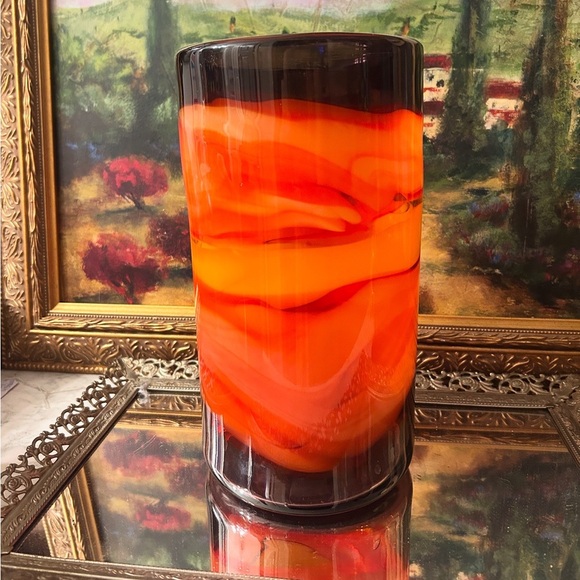 Orange Swirl Hand Blown Art Glass Vase –  10” Mid Century Style - Picture 1 of 8